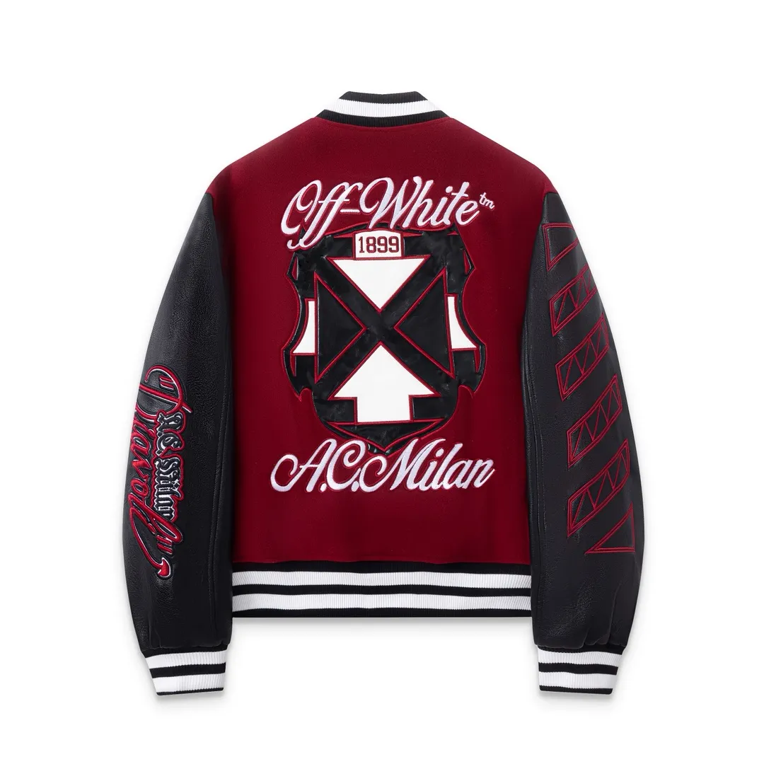 S69#P660, AC Milan offwhite25ss heavily embroidered leather baseball jersey, woolen fabric couple's jacket, black size: S M L XL